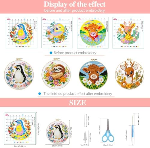 Zhenqing 4-Piece Animal Cross Stitch Kit for Beginners - Complete Set with Pre-Printed 11CT 24x24cm Fabric, Hoop & Tools (Penguin, Sloth, Cow, Deer Designs)(70405) - Image 6