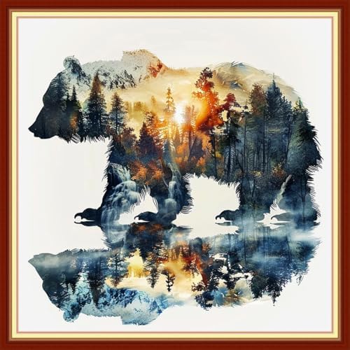 Joyhoor Cross Stitch Kits for Beginners Stamped Cross-Stitch Supplies Needlework preprint Embroidery Kits for Adults DIY Needlepoint Kit Embroidery Patterns 11CT-Abstract Forest Bear 18x18 inch by JoyhoorCrossStitchKits