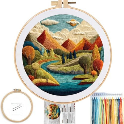 FONNUY Embroidery Kit for Beginners, Brightly Colored Landscape Lake Pre-Stamped Pattern Kits for Adults with Hoop, Easy to Follow Color Thread Needlework, 8'' Hoop (Blue) by FONNUY