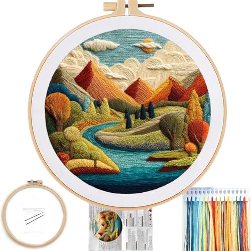 FONNUY Embroidery Kit for Beginners, Brightly Colored Landscape Lake Pre-Stamped Pattern Kits for Adults with Hoop, Easy to Follow Color Thread Needlework, 8'' Hoop (Blue) by FONNUY