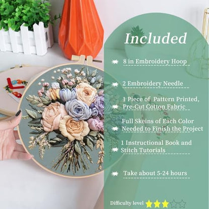 FONNUY Bouquet Flowers Embroidery Kit for Beginners, Pre-Stamped Pattern Kits for Adults with Hoop, Easy to Follow Color Thread Needlework, 8'' Hoop (Joyful Bouquet) - Image 3