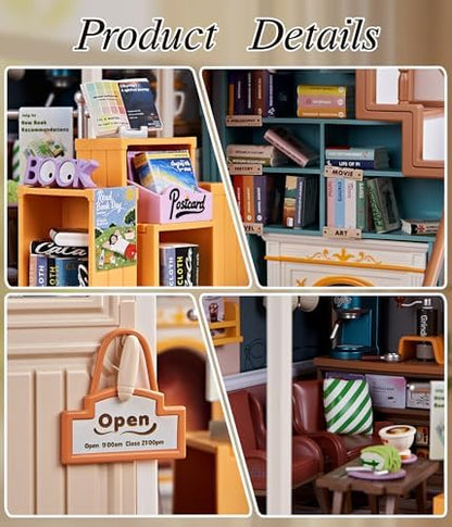 2-Story Loft Book Cafe & Study Room Kit, DIY Miniature House for Adults with Reading Area Coffee Bar Study Desk Projector Balcony, Collectible Plastic Library Model, Home Decor Gift for Women - Image 3