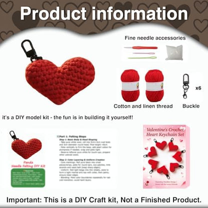 FACE N FACE DIY Crochet Heart Keychain Kit for Beginners – 6 Pack Valentine's Day Red Yarn Heart Keychains with Hook, Yarn & Instructions – Easy Beginner Knitting Craft Gift Set for Adults - Image 3