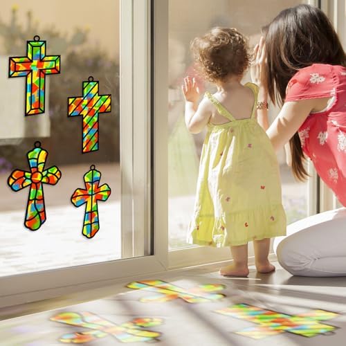 Lonfliness 32 Set Cross Suncatchers Craft DIY Religious VBS Window Stain Glass Effect Paper Christian Home Sunday Easter Decorations Art Craft Creative Activity Project Gift Favor - Image 5