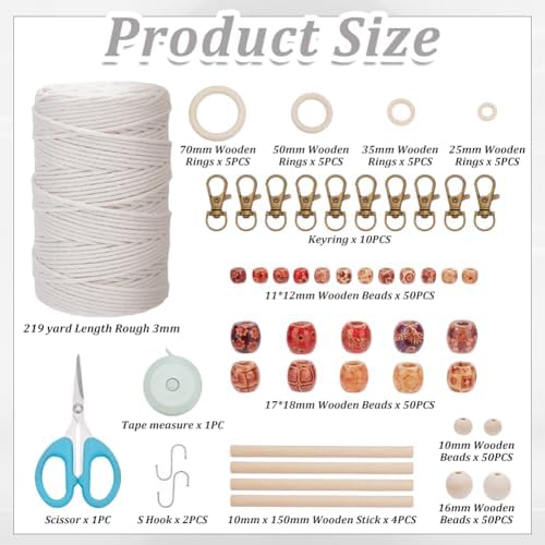 FREEBLOSS Macrame Kits for Beginners Macrame Wall Hanging Kit Macramé Plant Hanger Kit Supplies Include 219 Yards 3mm Macramé Cord 200pcs Wooden Beads Wooden Rings and Other Tools Starter Set - Image 2