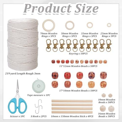 FREEBLOSS Macrame Kits for Beginners Macrame Wall Hanging Kit Macramé Plant Hanger Kit Supplies Include 219 Yards 3mm Macramé Cord 200pcs Wooden Beads Wooden Rings and Other Tools Starter Set - Image 2