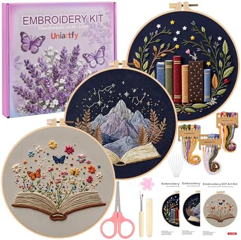 Uniartfy 3 Pack Embroidery Starter Kit, Stamped Book Flower Mountain Butterfly Cross Stitch Kits for Beginners, Needlepoint Kits Adults with Embroidery Hoop and Instructions, Hand Embroidery Kit by Uniartfy