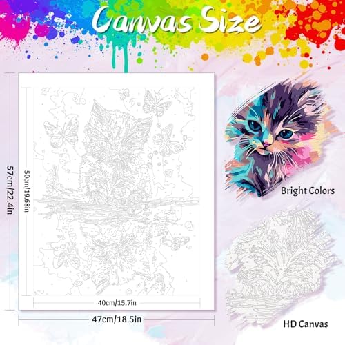 Yunnuo Paint by Numbers Kit for Adults,Cat Paint by Number Canvas,Butterfly Painting by Numbers for Beginners,Paint with Numbers for Great Gift and Wall Decoration 16’ W x 20’L - Image 2