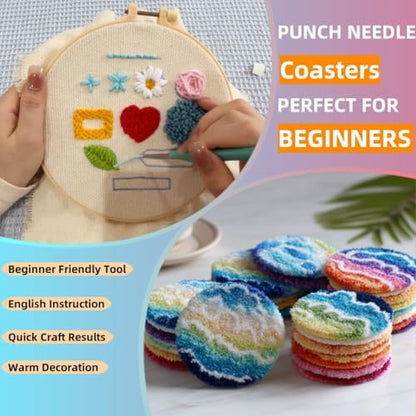6PCS Punch Needle Coaster Kit Coffee Cup Easy for Beginners Stress Relief Craft Set with Hoop Yarn & Patterns DIY Embroidery Mug Rug Kit for Adults Home Decor-4 - Image 3
