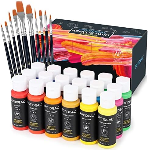 GOTIDEAL Acrylic Paint Set with 10 Brushes, 18 Colors (59ml, 2 oz) by GOTIDEAL