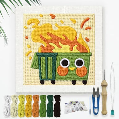 Doodlream Burning Trash Can Needle Kit for Beginner, 9.4"x 9.4" Funny Cartoon Punch Stitching Craft Set, DIY Embroidery Starter with Printed Frame, Instruction, Threader, Yarn, Pinch Needle by Doodlream