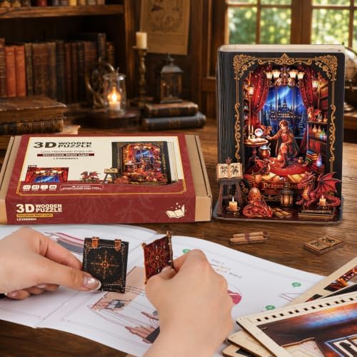 Book Nook Kit Dragon Covenant, 3D Wooden Puzzle with LED Lights, DIY Miniature Model Kit Room Home Decor, Holiday Birthday Christmas Day Gifts for Men Women Teens - Image 4