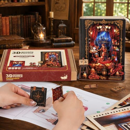 Book Nook Kit Dragon Covenant, 3D Wooden Puzzle with LED Lights, DIY Miniature Model Kit Room Home Decor, Holiday Birthday Christmas Day Gifts for Men Women Teens - Image 4