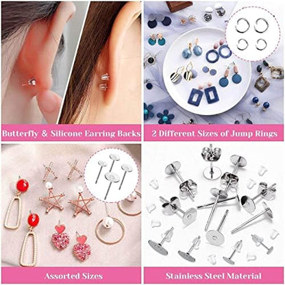 Caffox Hypoallergenic Earring Posts and Backs, 1800pcs Stainless Steel Stud Earring Kit with Earring Base Studs, Earring Backs and Jump Rings for Clay, Resin, Pearls, Jewelry Making and Crafting - Image 7