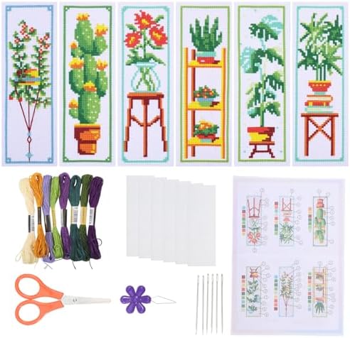 ORIGACH 6 Set Green Plants Cross Stitch Bookmark Kit for Beginner with Backing Felt Floss Instructions DIY Stamped Embroidery Bookmark Kit for Adults, Book Lovers by ORIGACH