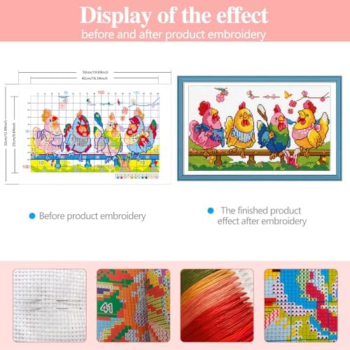 Zhenqing Knitting Chickens Stamped Cross Stitch Kit, 11CT Printed Pattern on White Cotton Fabric, Farmhouse Chicken Decor - Image 5