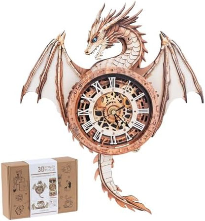 3D Puzzles for Adults-Wooden Dragon Clock Puzzle DIY Wall Clock Model Kit by RnfinewowWoodenPuzzles