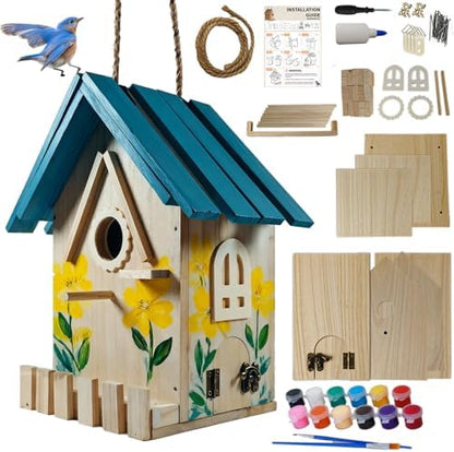 Wooden Bird Houses Kit for Kids and Adults, DIY Craft for Adults with Paint Set, Art Craft Outdoor Birdhouse, Hanging Birdhouse for Garden Yard Decor (1 Pack) by URMYONLY