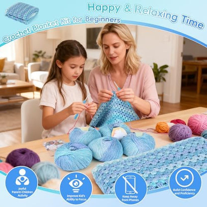 Aeelike Crochet Blanket Kit for Beginners, Easy Crochet Kits, Blue Gradient - Image 2