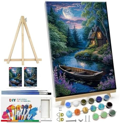 ATDMS Landscape Paint by Numbers Kit for Adult with Easel DIY Cabin Paint by Number with Frame Lake House Digital Oil Painting Kits for Wall Hanging Home Room Decor 7.87x11.81 Inch by ATDMSDIY