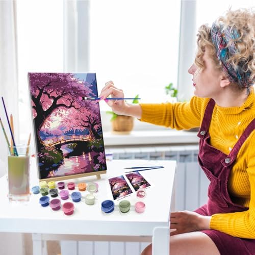 JOOZ Paint by Numbers Kit for Adults with Frame Sakura Paint by Number with Easel Tree Adult Paint by Number Kits Framed Canvas Mountain Waterfall Oil Painting Kits for Gift Home Wall Decor 8x12 Inch - Image 5