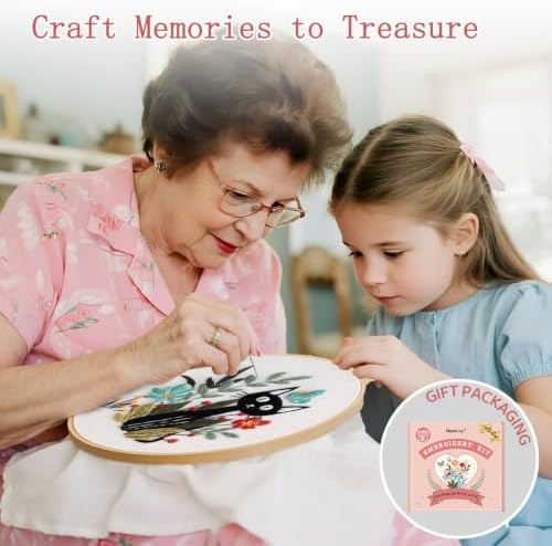 Meyocky Embroidery Kit for Beginners with Cat Flower Patterns& Stitch Video - Image 5