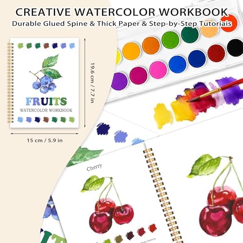 Easy Fruit-Themed Watercolor Workbook for Beginners, Water Coloring Book, 12 Different Patterns of DIY Designs, 18 Colors Watercolor Paint Set, Stress Relieving Relaxing Art Gift for Adulta Teen - Image 2