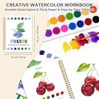 Easy Fruit-Themed Watercolor Workbook for Beginners, Water Coloring Book, 12 Different Patterns of DIY Designs, 18 Colors Watercolor Paint Set, Stress Relieving Relaxing Art Gift for Adulta Teen - Image 2