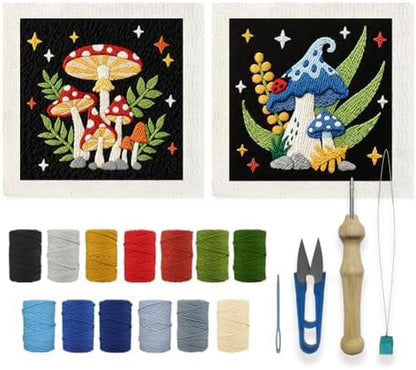 INFUNLY 2PCS Mushroom Punch Needle Kit for Beginners Art Night Mushroom DIY Punch Needle Embroidery Starter Kit Handcraft Needlepoint Set with Plant Pattern Instruction for Festival Gift Home Decor by INFUNLY