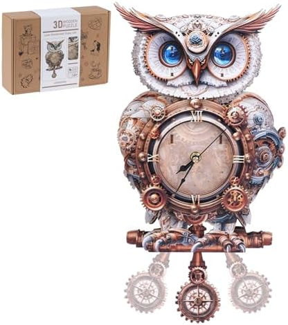 3D Puzzles for Adults-Wooden Owl Clock Puzzle DIY Wall Clock Model Kit by RnfinewowWoodenPuzzles