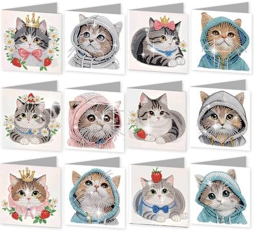 12 Pack Diamond Painting Greeting Cards Kit with Envelopes, 5D DIY Cute Cat Kitten Pet Diamond Art Cards, Birthday Thank You All Occasion Cards for Cat Lovers Women Adults by POETRYDRAW