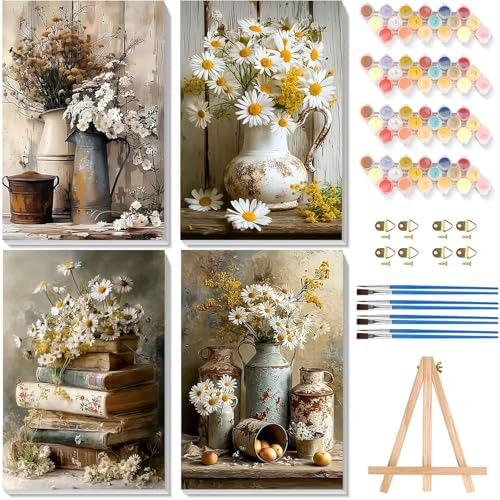 4 Pack Flower Paint by Numbers for Adults with Framed Canvas - Wooden Easel by xackcme
