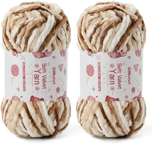 2x100g Fluffy Velvet Chenille Yarn for Crocheting and Knitting, 80m (87.5yd) Baby Yarn for Crocheting Soft, Crochet Chunky Yarns Amigurumi Yarns (2 White Coffee) by OMoiut
