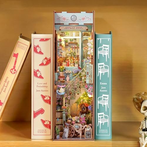 Tonecheer DIY Book Nook Kit for Adults, Booknook Wooden 3D Puzzle Bookend Miniature House Kit, Fantasy Bookshelf Decor with Sensor LED Light Gifts for Birthday Valentine's Day (Flower Shop) - Image 2