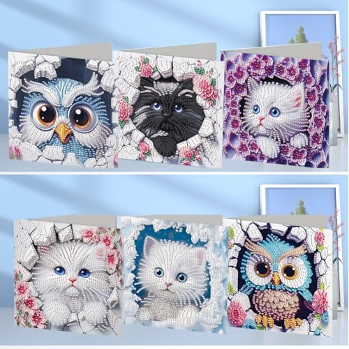 jinglinhh 6pcs Owls Flower Cats Diamond Art Painting Greeting Cards with Envelopes, DIY Card Making Kits for Adults, Diamond Art Postcards Holiday Cards Craft Gifts - Image 4