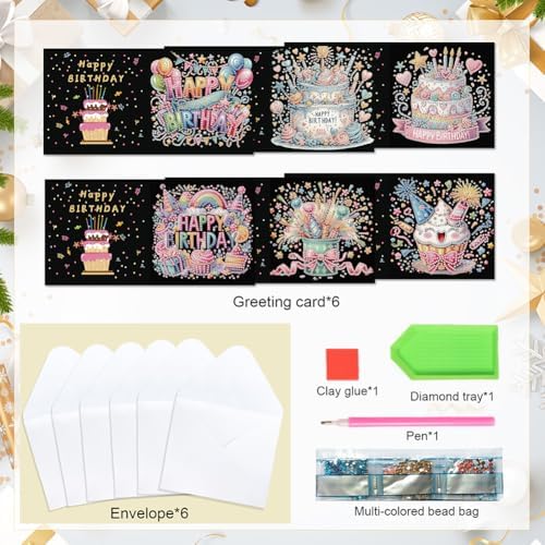 6 Pcs 5D DIY Diamond Painting Greeting Card Kit Birthday Cake, Diamond Art Christmas Birthday Holiday Greeting Card, Art Crafts Kit Creative with Envelope - Image 6