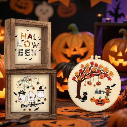 ElasignShopo 5 Sets Halloween Embroidery Kit for Adult Beginners Pumpkin Bat Embroidery Starter Kit Halloween Cross Stitch Kits Needlepoint Kits Includes Instruction 2 Hoops Color Threads Needles - Image 4
