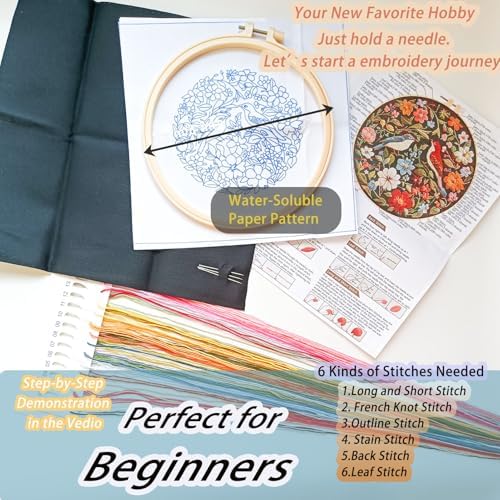 FONNUY Embroidery Kit for Beginners, Birds with Flowers Pre-Stamped Pattern Kits for Adults with Hoop, Easy to Follow Color Thread Needlework, 8'' Hoop (Red) - Image 6