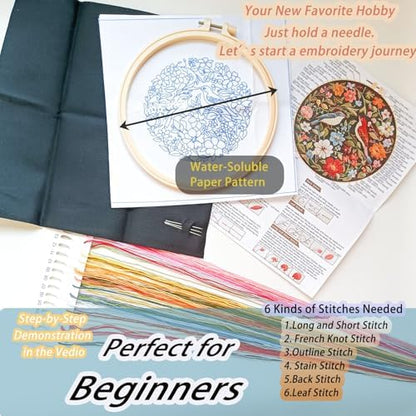 FONNUY Embroidery Kit for Beginners, Birds with Flowers Pre-Stamped Pattern Kits for Adults with Hoop, Easy to Follow Color Thread Needlework, 8'' Hoop (Red) - Image 6