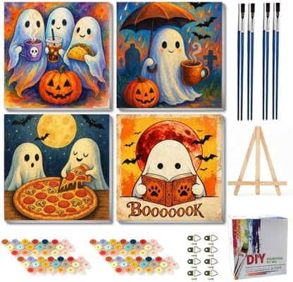 Canrichshop 4 Packs Halloween Ghost Framed Paint by Numbers Kit for Adults with Wooden Easel & Color Box,Ghost DIY Painting by Number on Canvas Gift,Easy Oil Acrylic Paint Prezzie 8x8inch by Canrichshop