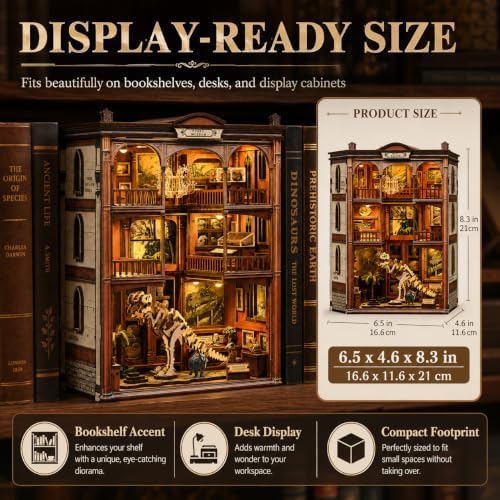 Fossil Museum Book Nook Kit for Adults, Dinosaur 3D Puzzle with LED Light - Image 2