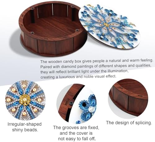 antor Mandala Snowflake Diamond Art Storage Box, Round Wooden DIY 5D Crystal Diamond Painting Desktop Ornament Organizer, Handmade Jewelry or Money Storage Box, Home Office Decor Crafts Gifts - Image 4