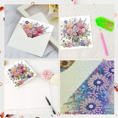 Tontut 6pcs Diamond Art Painting Greeting Card, Pretty Vase Beautiful Flowers 5D DIY Special Shape Diamond Painting Christmas Birthday Greeting Card Creative Gifts - Image 4