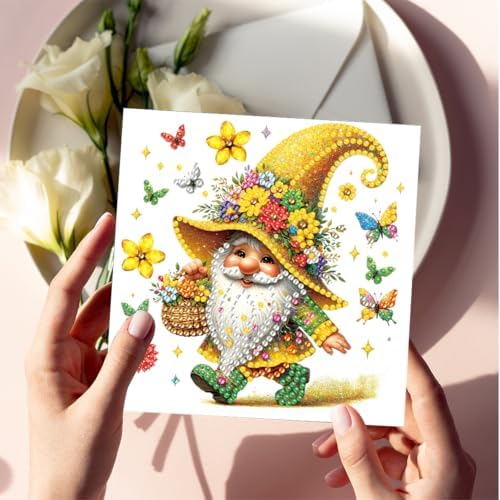 6 Pcs Diamond Painting Greeting Cards Kit Flower Gnome Butterfly with Envelopes, 5D DIY Special Shaped Rhinestone Art Card Making Kits for Adults, Holiday Blessing Postcards, Creative Craft Gifts - Image 2