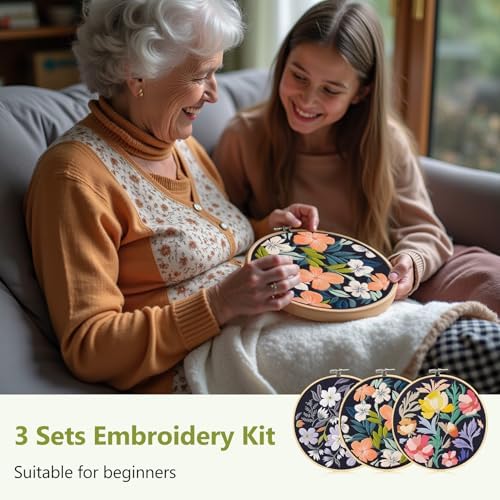 Santune 3 Pack Embroidery Kit for Beginners, Needlepoint Cross Stitch Kits for Adults,Needle Point Sets with Stamped Petal Pattern Stitch Video Tutorial - Image 3