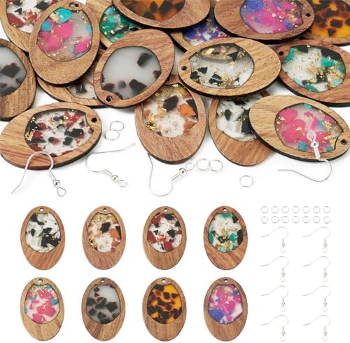 Boutigem 56Pcs Resin Wood Pendant Earring Set with Oval Walnut Wood Statement Charms Earring Hooks Jump Rings for Earring Necklace Jewelry Making by BoutigemJewelry
