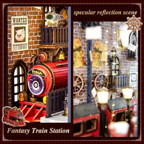 DIY Retro Train Station Book Nook Kit, 3D Wooden Miniature Dollhouse Puzzle Bookend with LED Light, Beginner-Friendly for Adults, Book Lovers & Collectors, Bookshelf Decor & Ideal Gift - Image 5