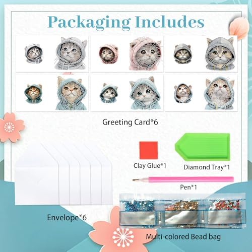 Tontut 6pcs Diamond Painting Kit Greeting Card, Hat Cat 5D DIY Diamond Handmade Holiday Greeting Card with Envelope, Christmas Gift Congratulation - Image 3