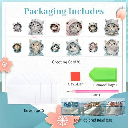 Tontut 6pcs Diamond Painting Kit Greeting Card, Hat Cat 5D DIY Diamond Handmade Holiday Greeting Card with Envelope, Christmas Gift Congratulation - Image 3