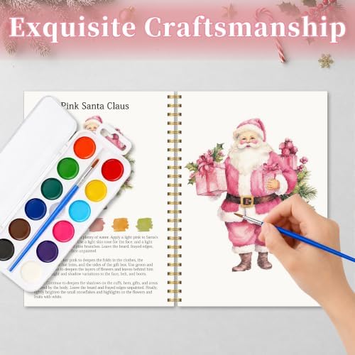 Christmas Gift, Pink Christmas Watercolor Workbook, Water Coloring Book with Pink Xmas Designs, 12 Beautiful Xmas Paintings Designs, Watercolor Book Set with Palette and Brush, Relaxing Art Beginners - Image 5